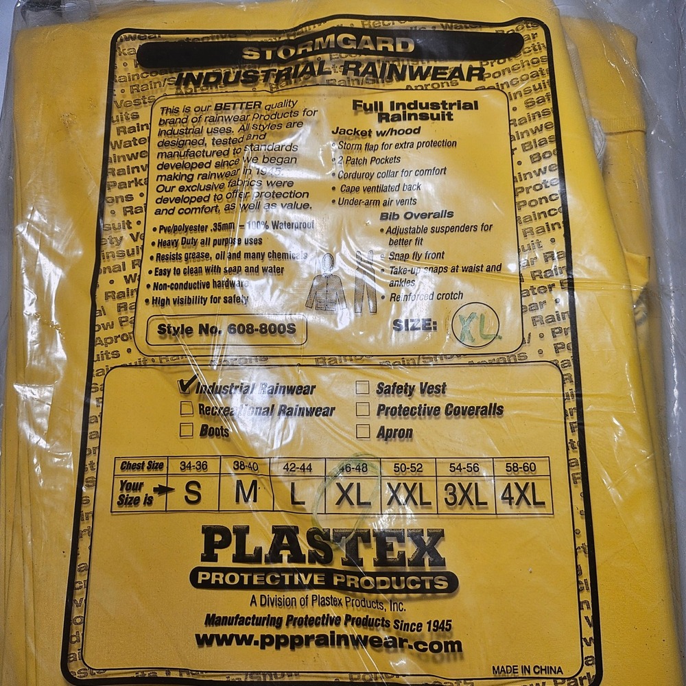 Plastex Stormgard Industrial Rainsuit Yellow 2pc Jacket Bib Overalls XL 608-800S